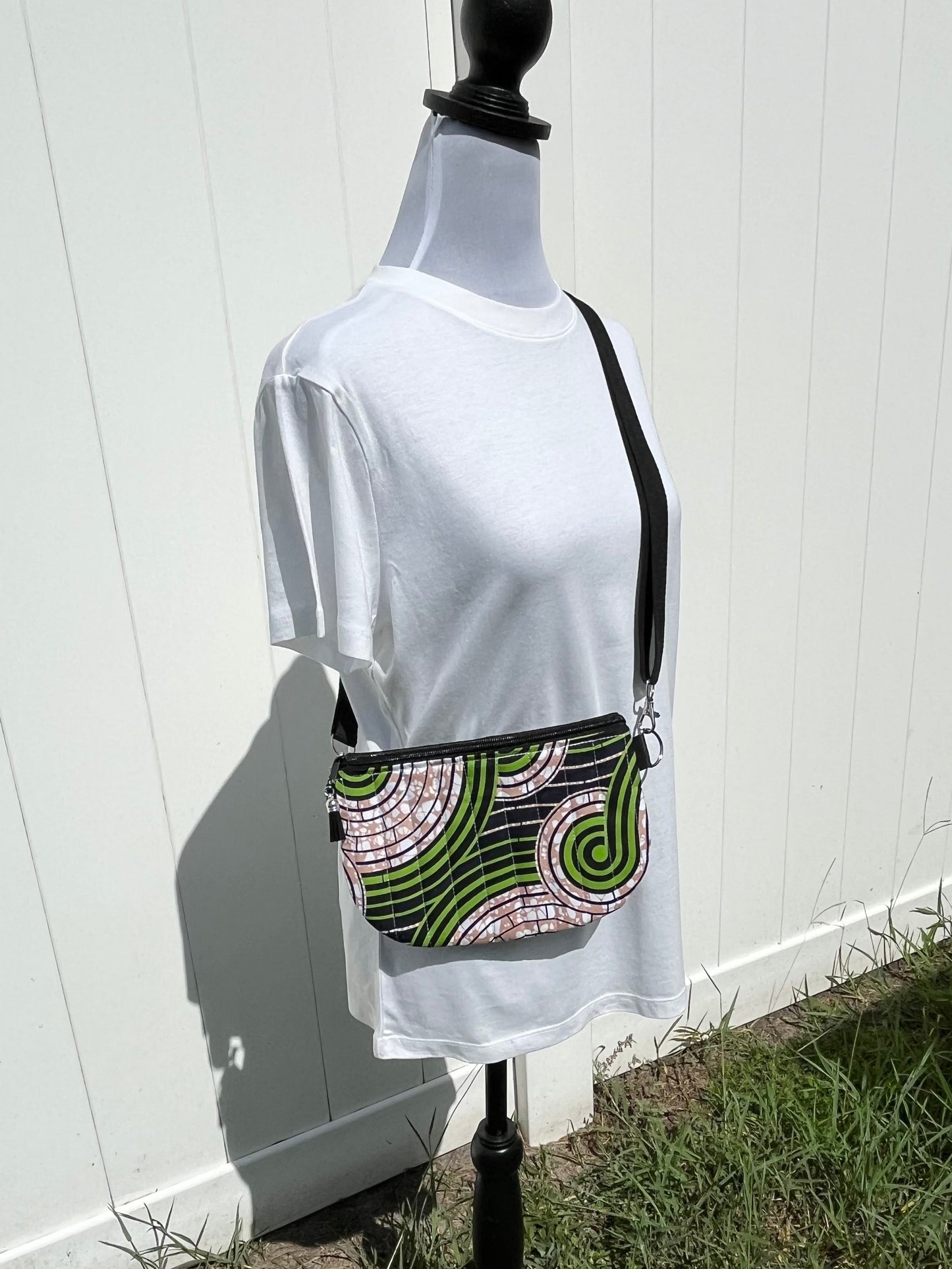 Green and Beige African Print Quilted Crossbody Bag