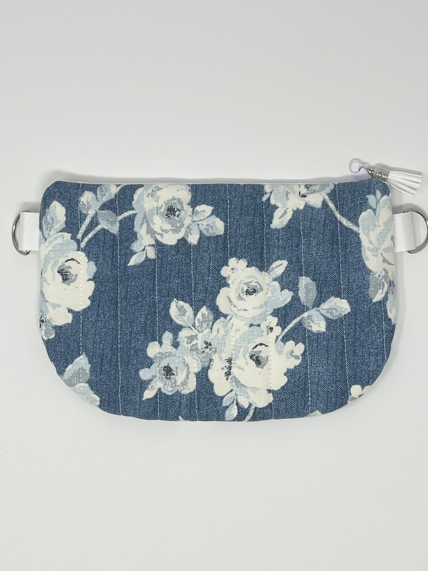 Blue & White Floral Print Quilted Crossbody Bag