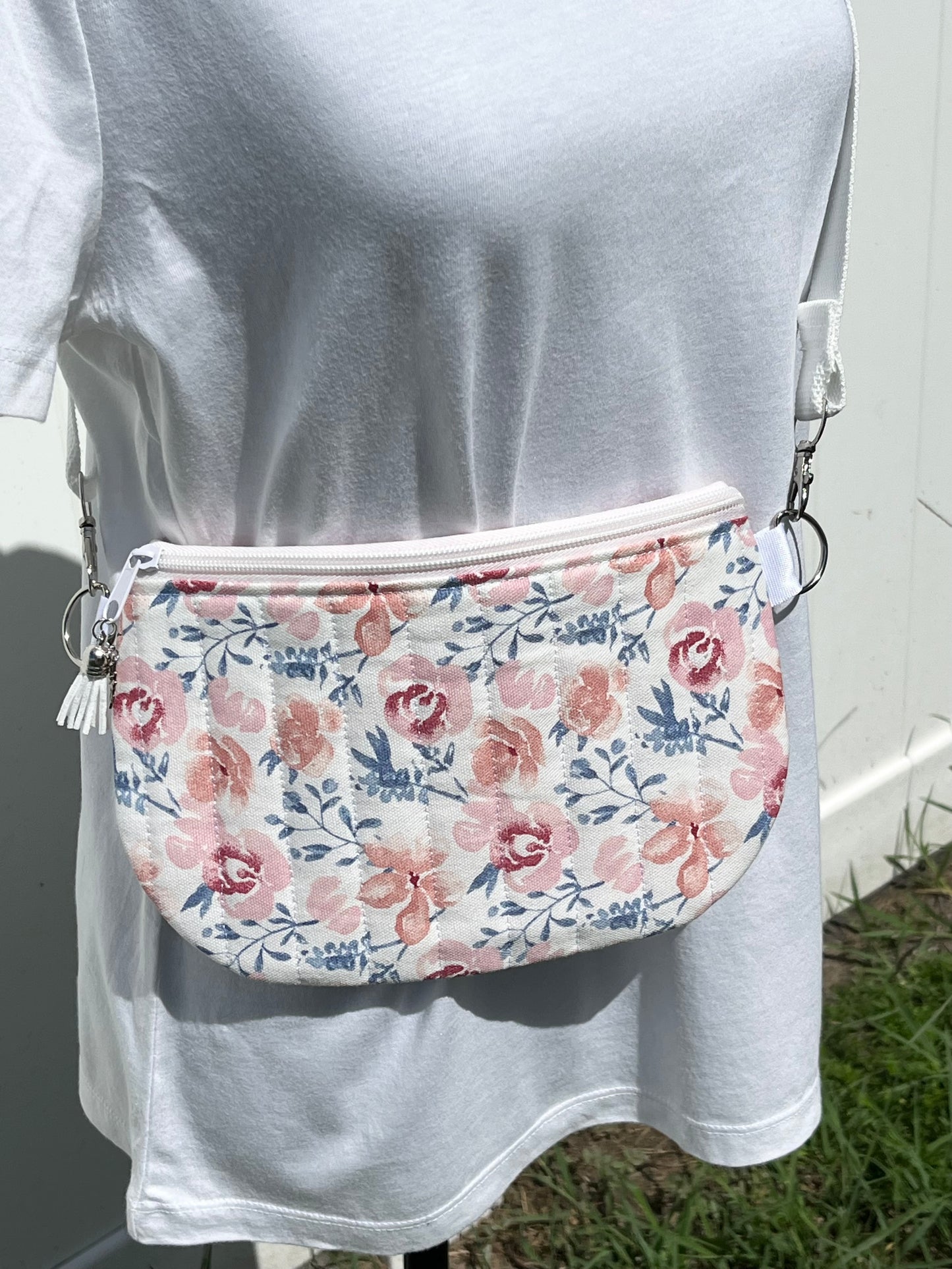 Pink & Blue Floral Print Quilted Crossbody Bag