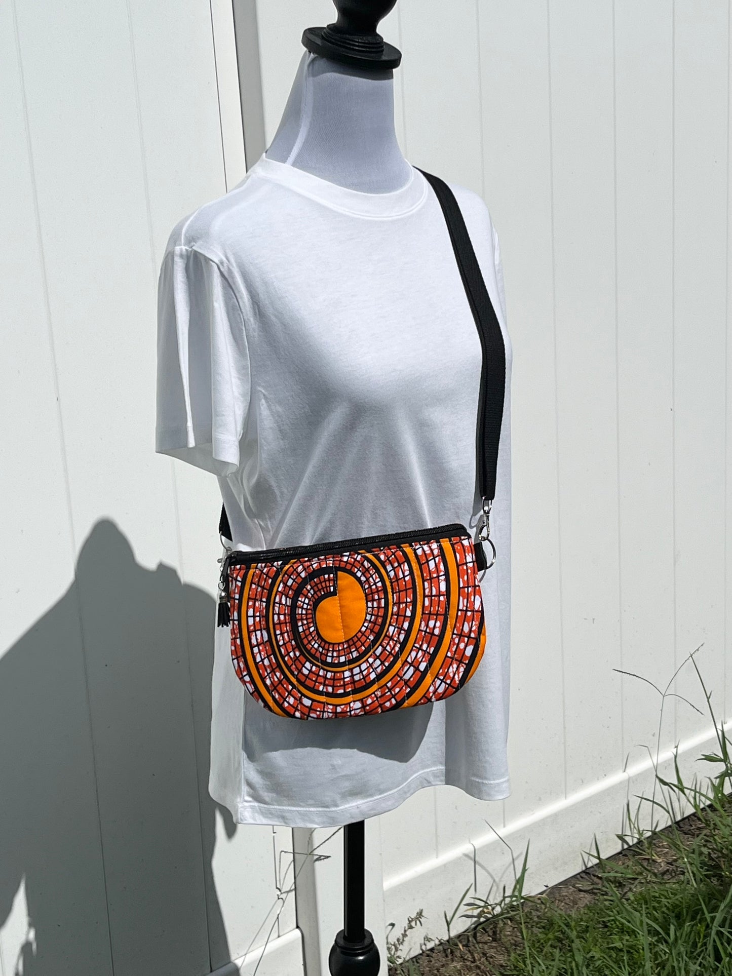 African Print Quilted Crossbody Bag - Orange Swirl