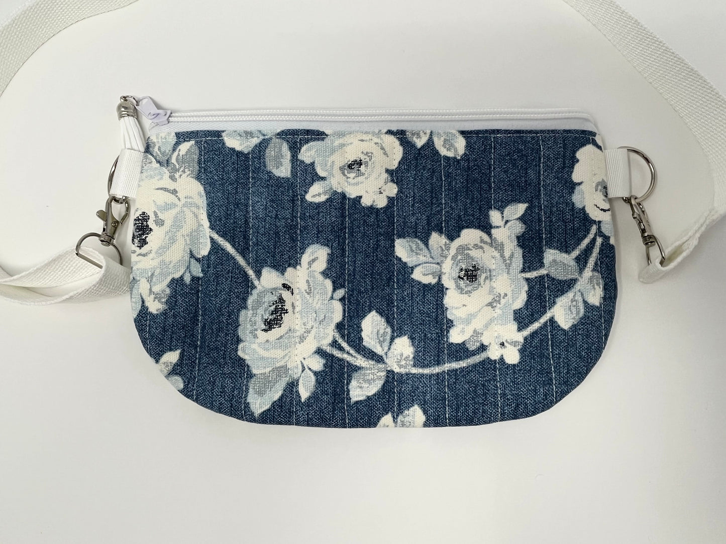 Denim Blue & White Floral Print Quilted Crossbody Bag