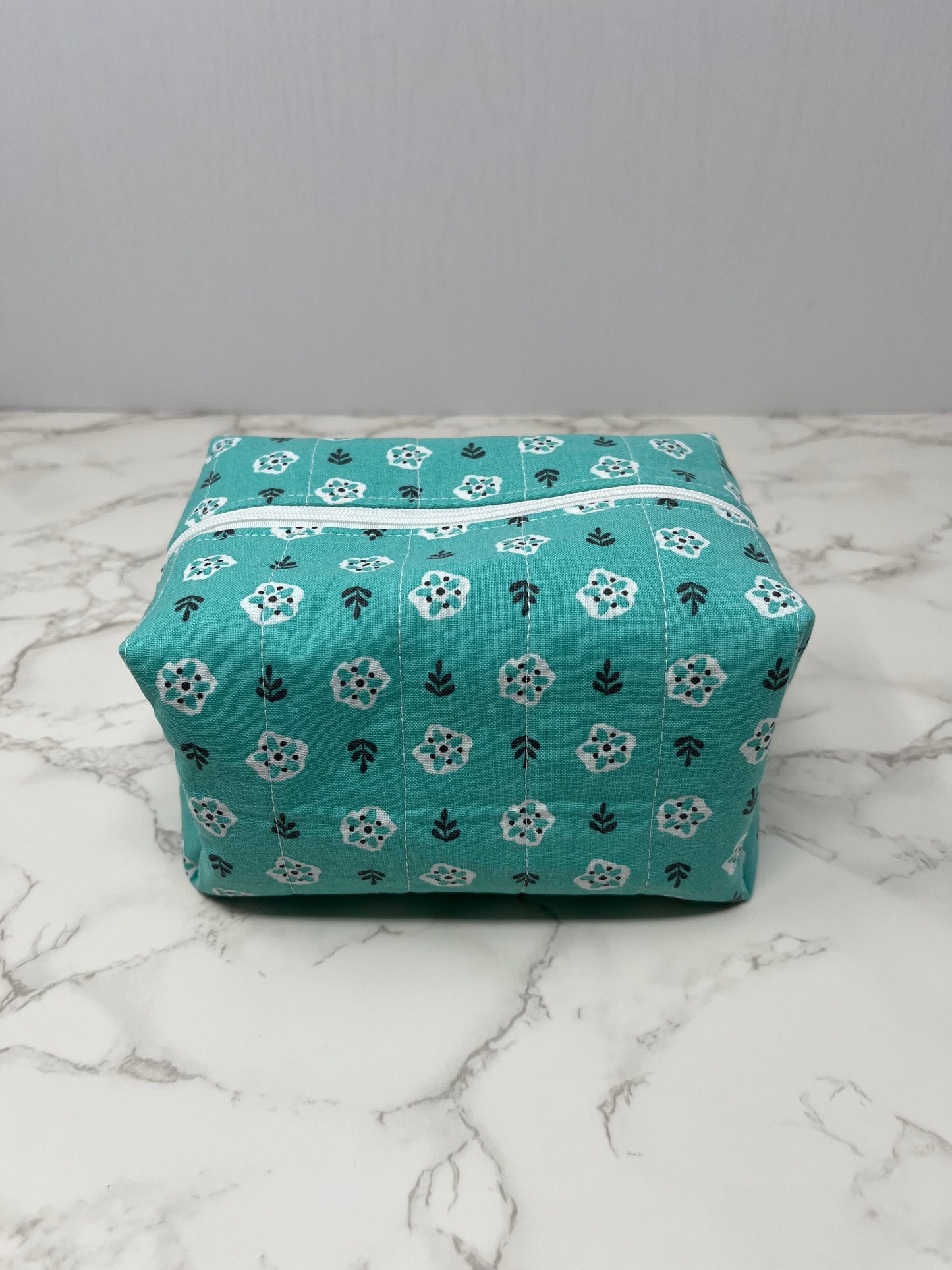 Aqua Floral Boxy Zipper Pouch