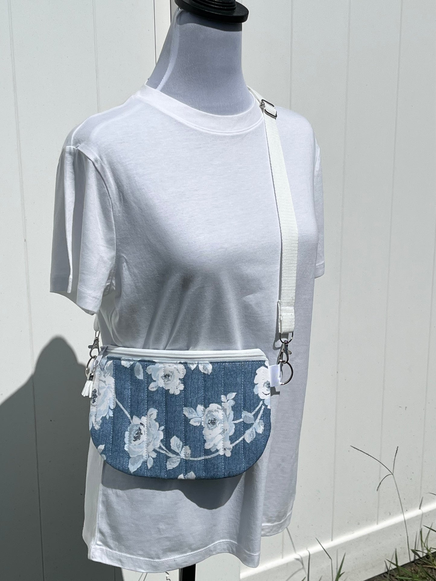 Denim Blue & White Floral Print Quilted Crossbody Bag