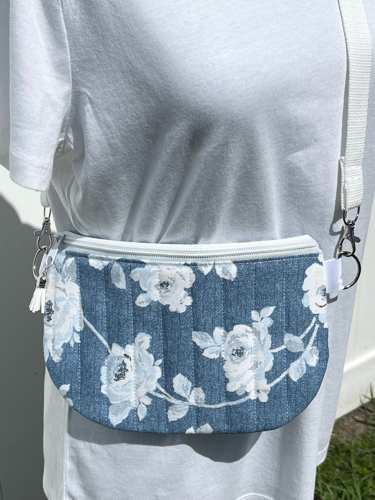 Denim Blue & White Floral Print Quilted Crossbody Bag