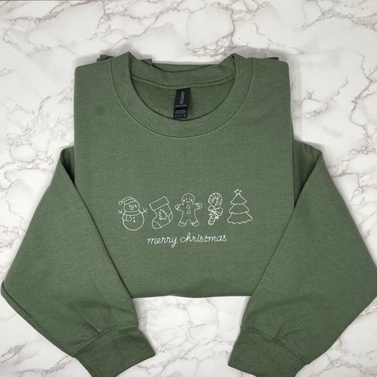 Merry Christmas Line Art Embroidered Crew Neck Sweatshirt