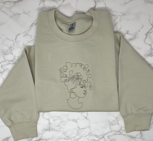 Black Woman Line Art Embroidered Crew Neck Sweatshirt