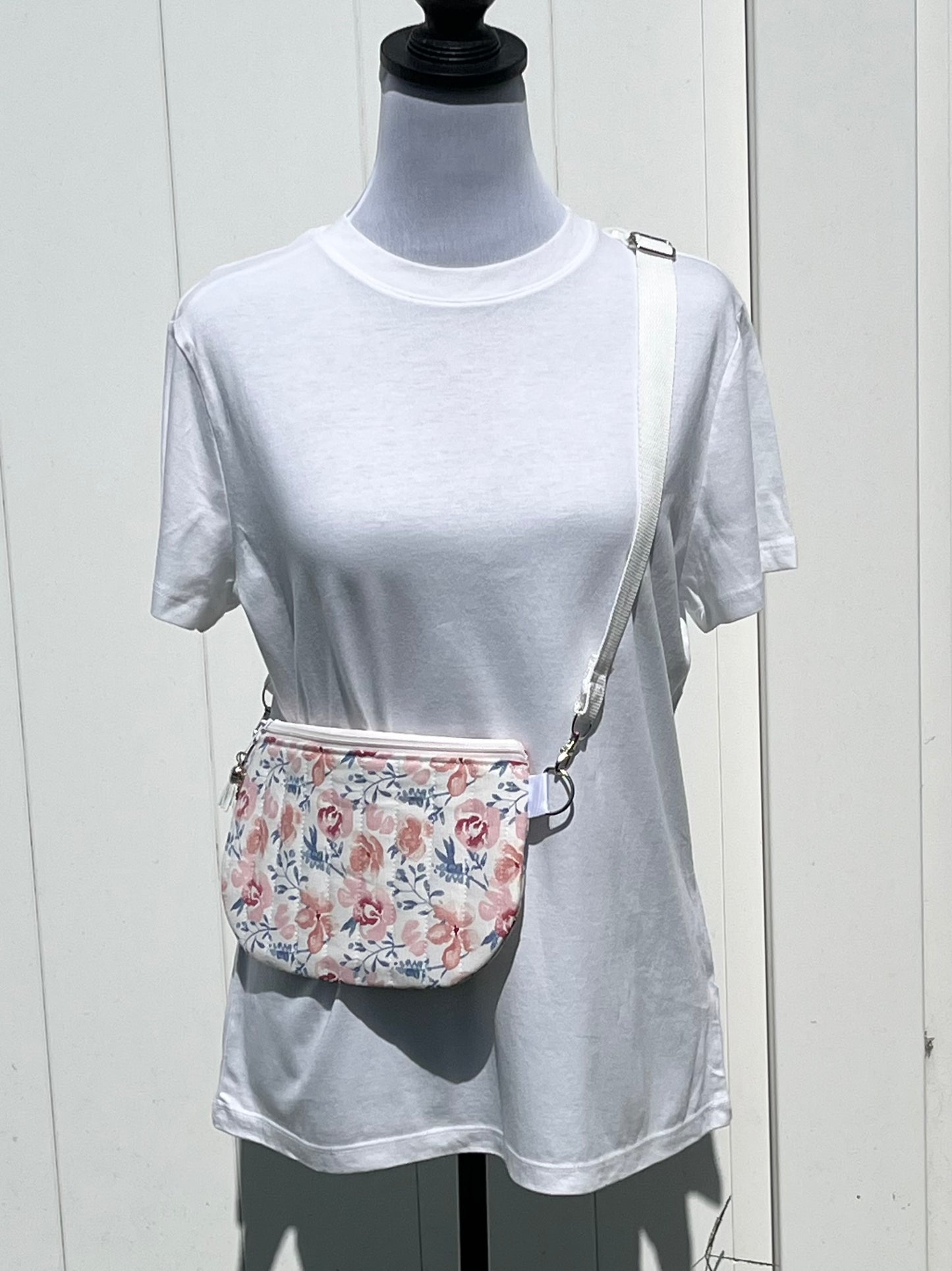 Pink & Blue Floral Print Quilted Crossbody Bag