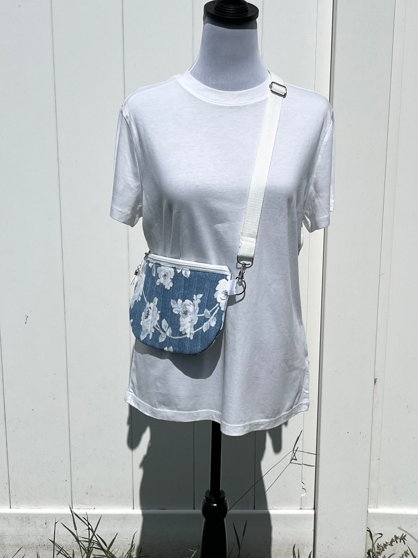 Denim Blue & White Floral Print Quilted Crossbody Bag