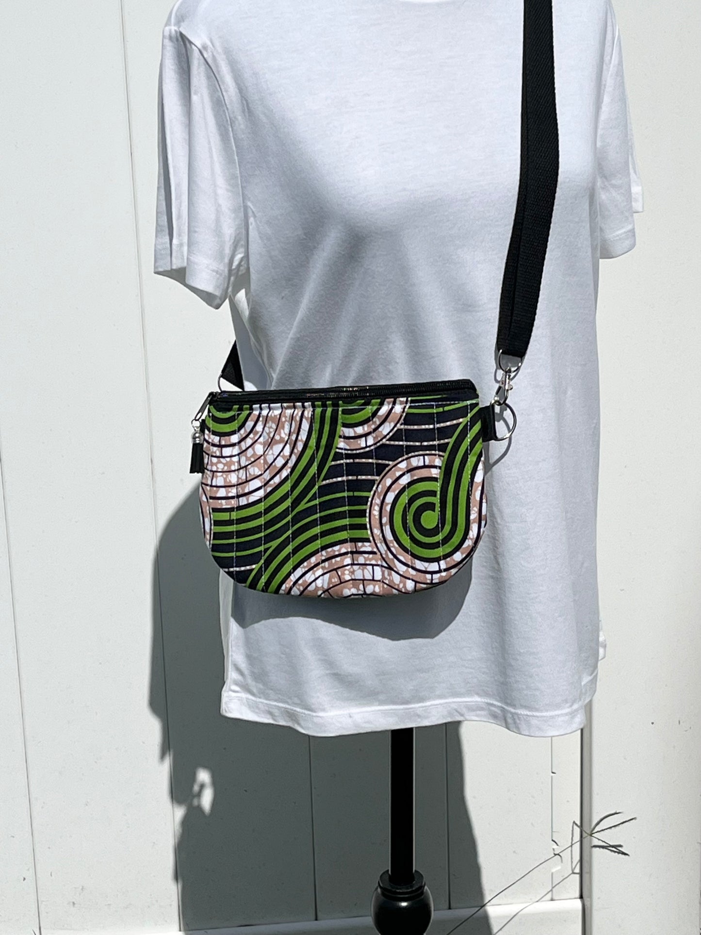 Green and Beige African Print Quilted Crossbody Bag
