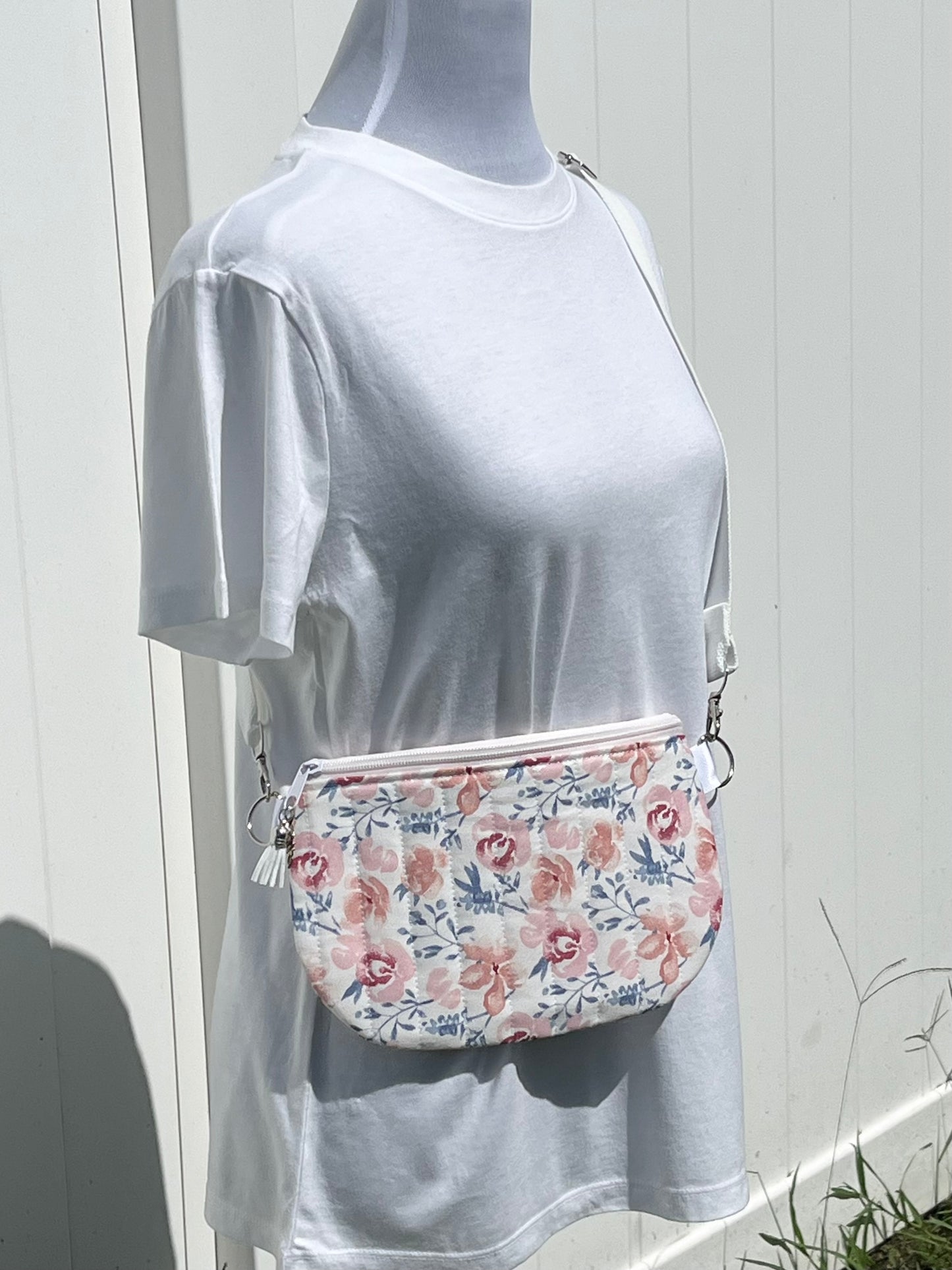 Pink & Blue Floral Print Quilted Crossbody Bag