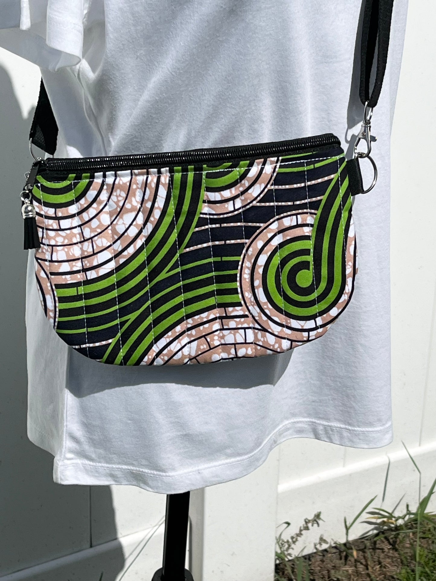 Green and Beige African Print Quilted Crossbody Bag