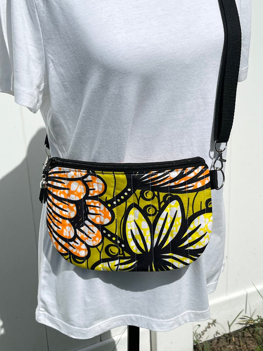 African Print Quilted Crossbody Bag  - Green, Orange, and Yellow