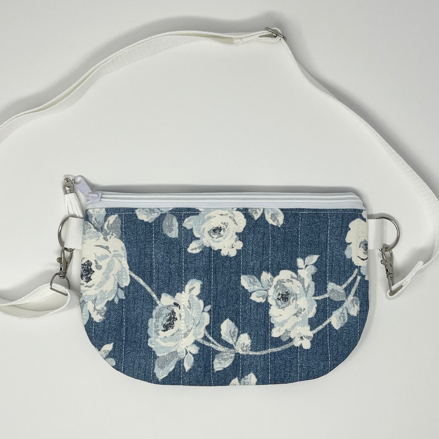 Denim Blue & White Floral Print Quilted Crossbody Bag