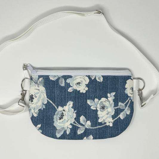 Denim Blue & White Floral Print Quilted Crossbody Bag