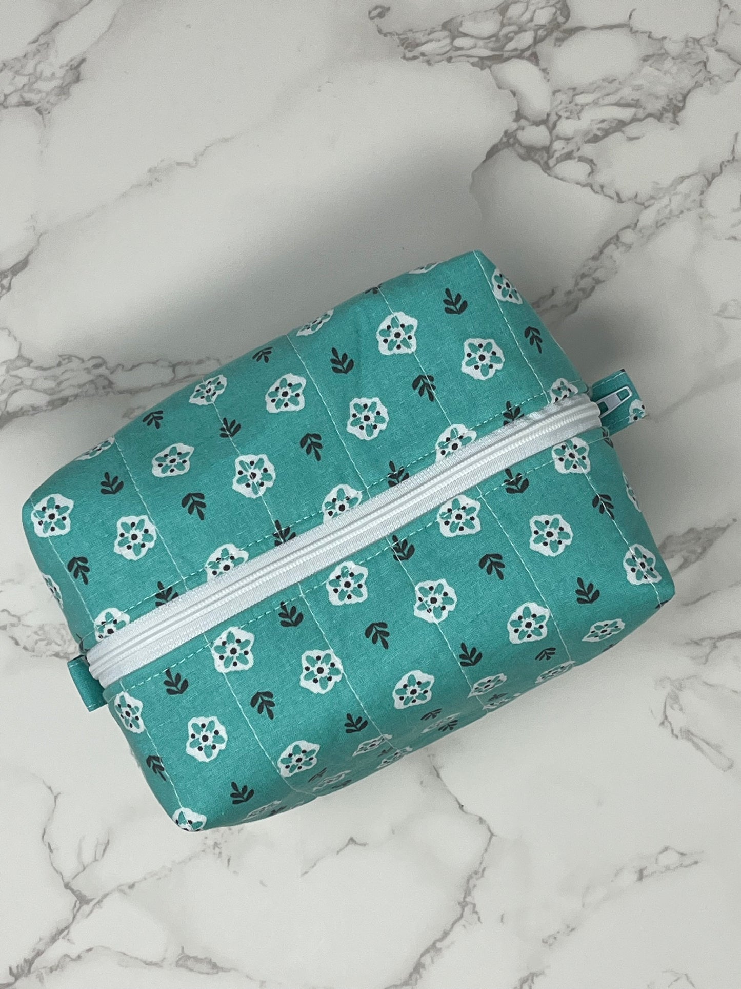 Aqua Floral Boxy Zipper Pouch