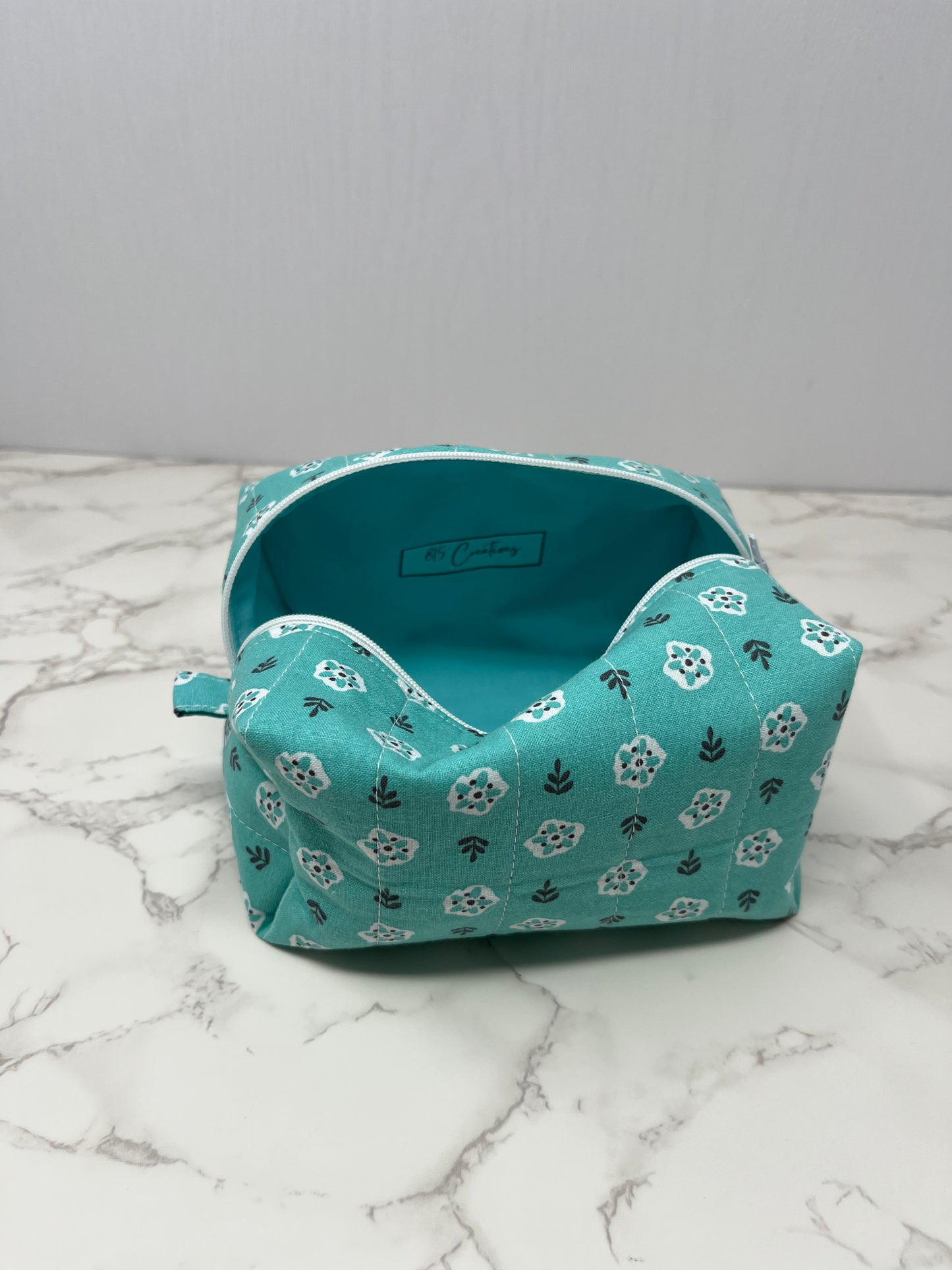Aqua Floral Boxy Zipper Pouch