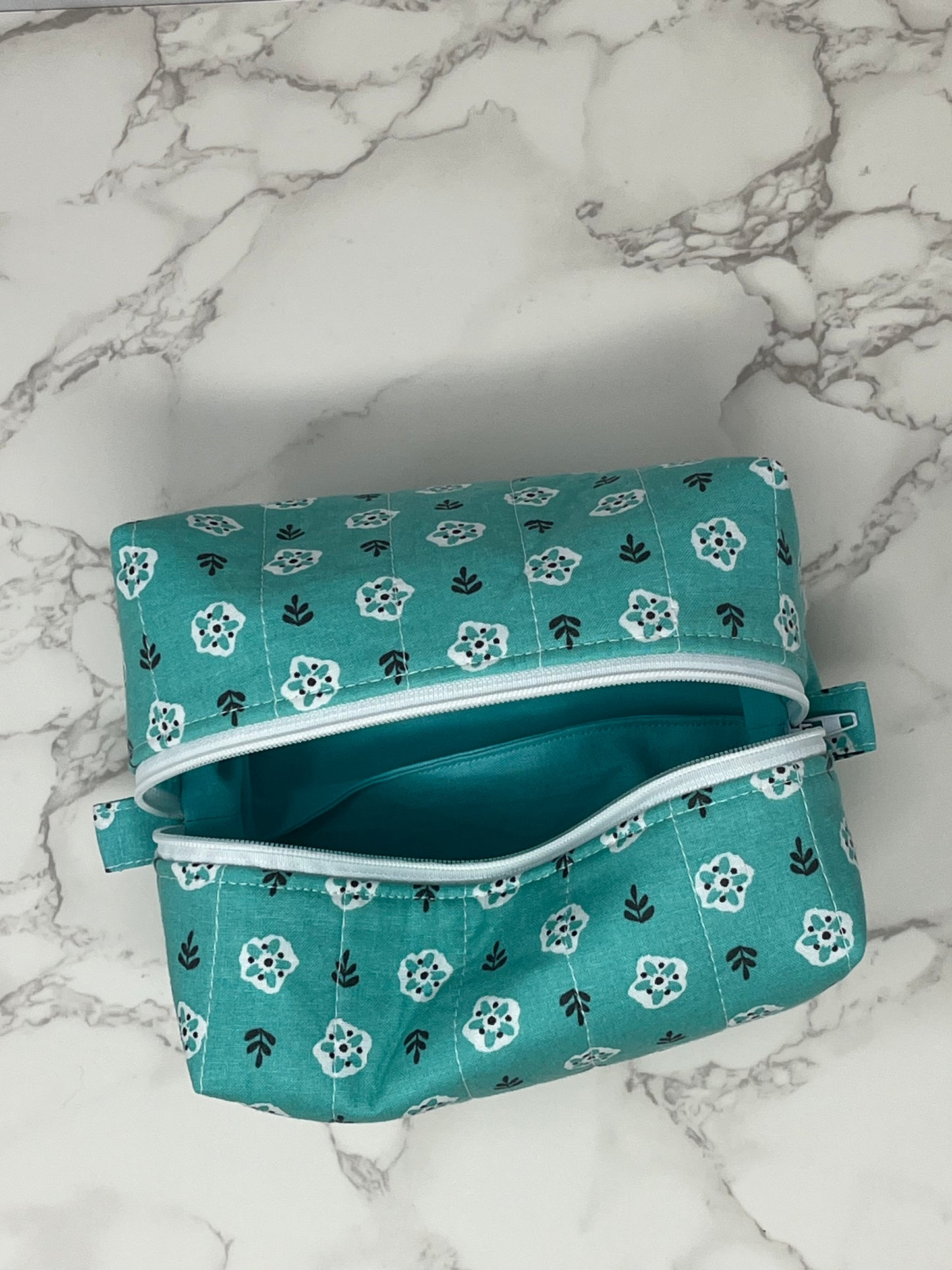 Aqua Floral Boxy Zipper Pouch