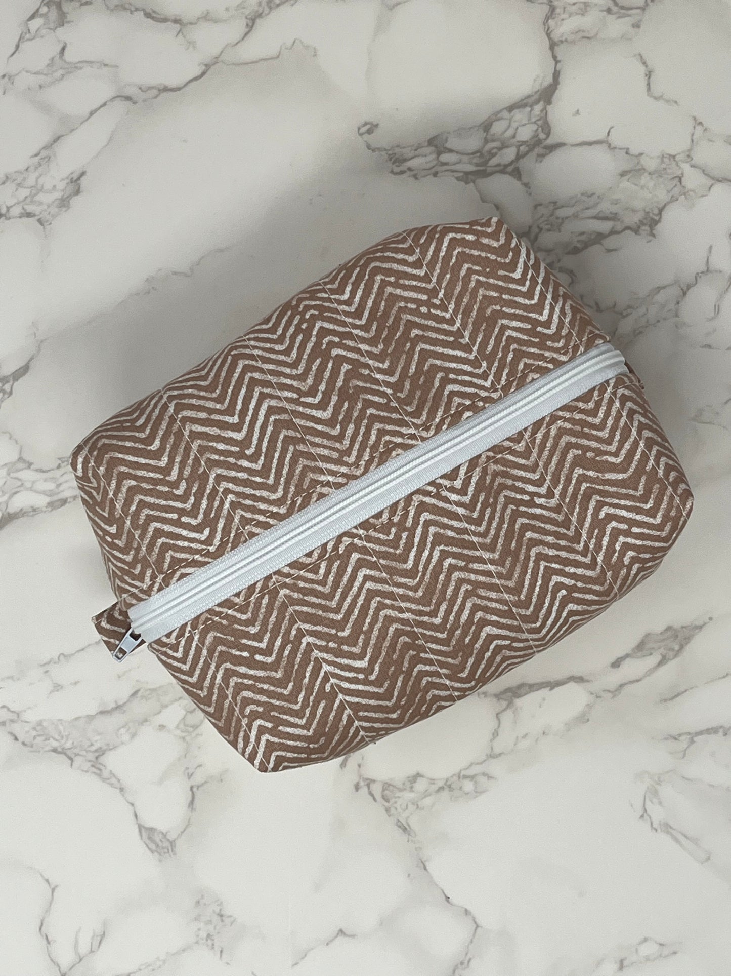 Brown Herringbone Boxy Zipper Pouch