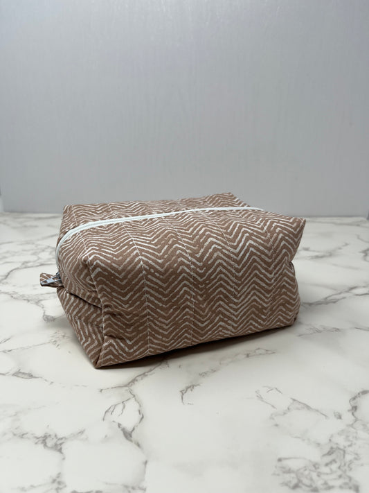 Brown Herringbone Boxy Zipper Pouch
