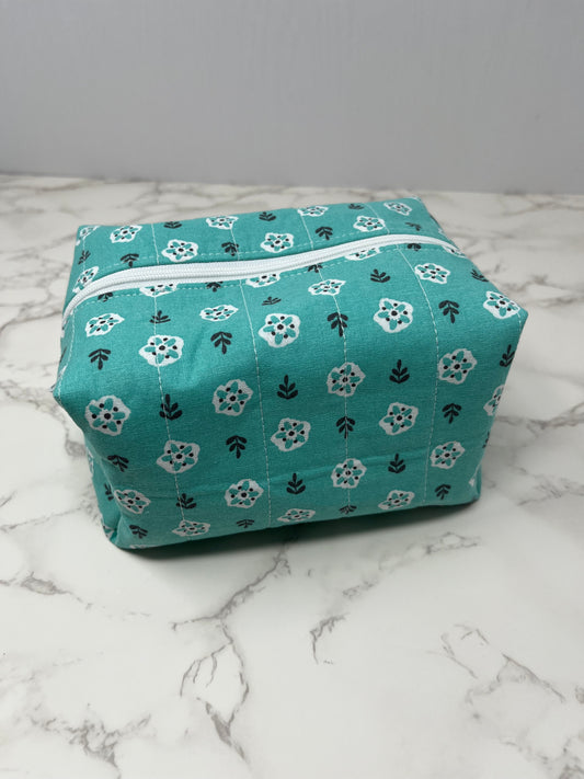 Aqua Floral Boxy Zipper Pouch
