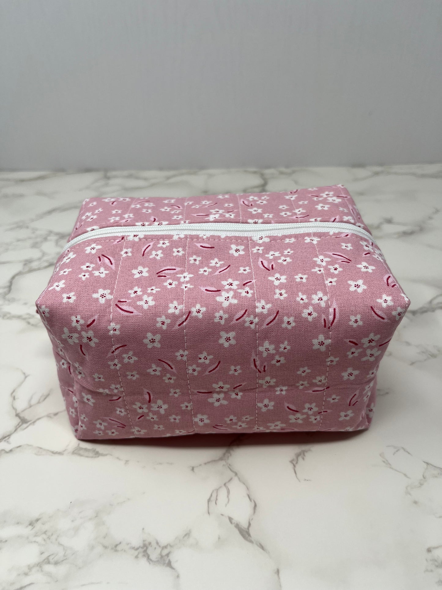 Pink and White Floral Boxy Zipper Pouch