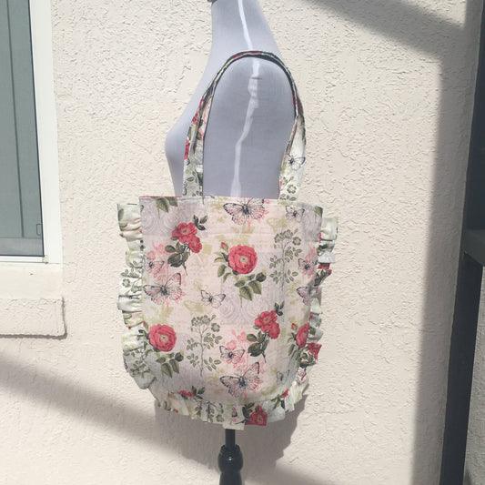 Handmade Butterflies and Roses Ruffle Tote Bag