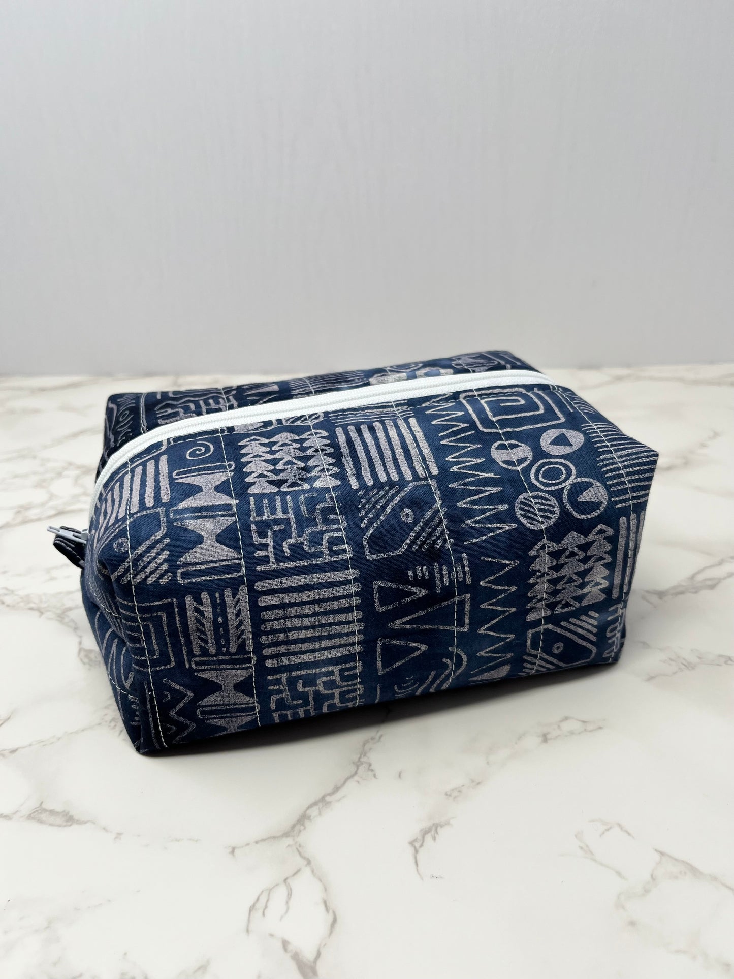 Navy Batik Boxy Zipper Pouch