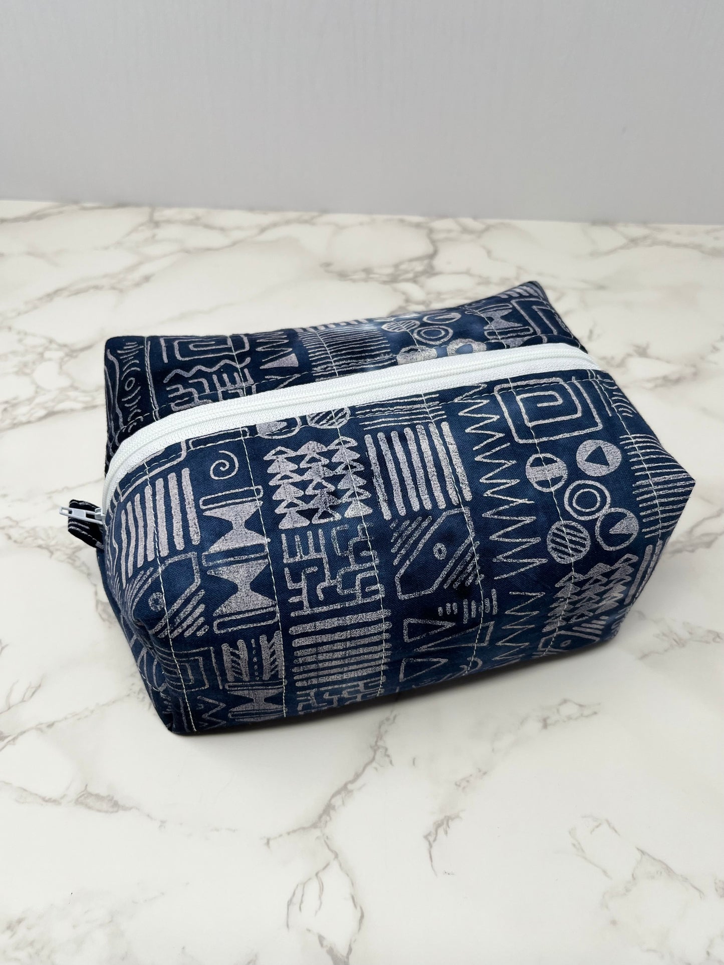 Navy Batik Boxy Zipper Pouch