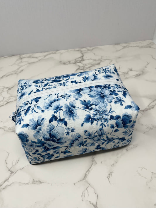 Blue Vintage Floral Boxy Zipper Pouch