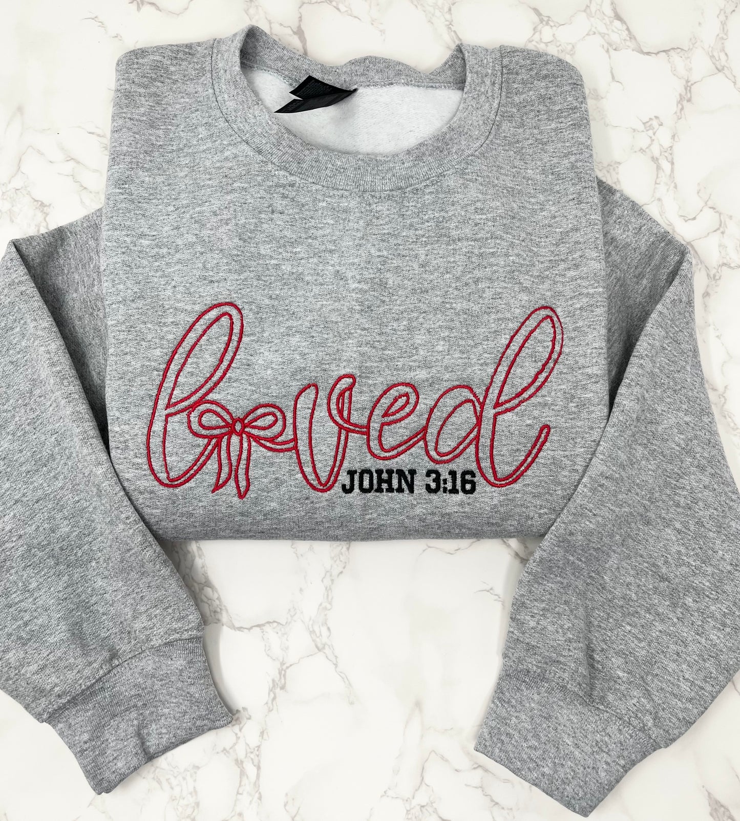 Loved, John 3:16 Embroidered Crew Neck Sweatshirt