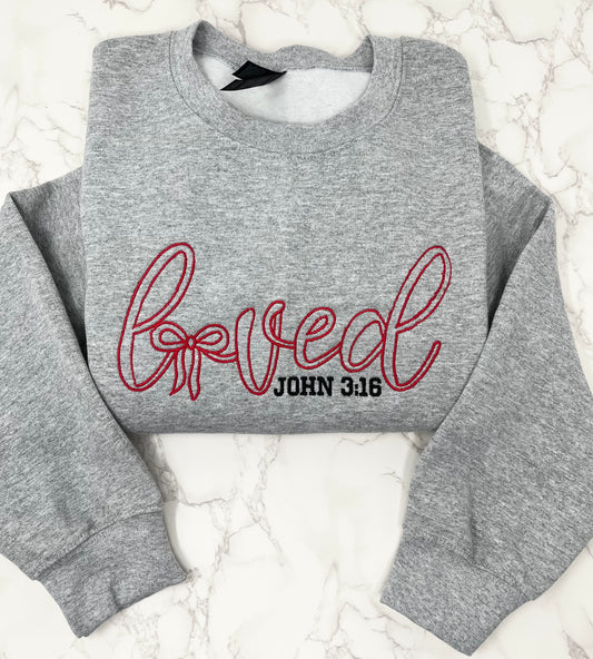 Loved, John 3:16 Embroidered Crew Neck Sweatshirt