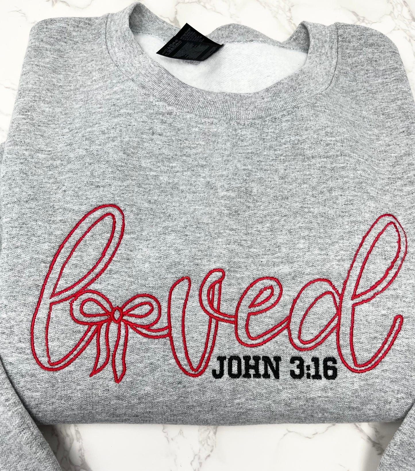 Loved, John 3:16 Embroidered Crew Neck Sweatshirt