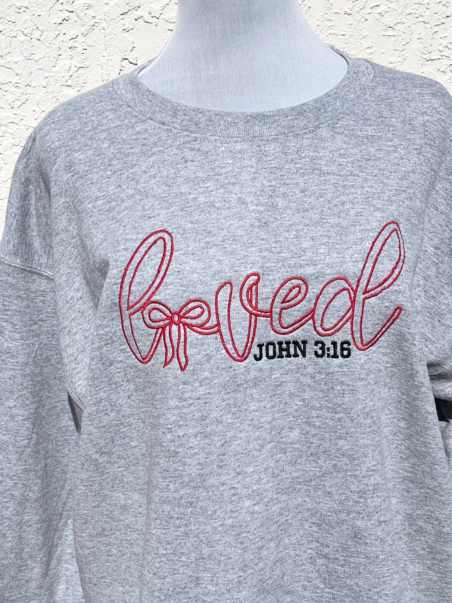 Loved, John 3:16 Embroidered Crew Neck Sweatshirt